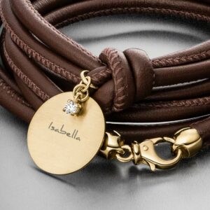 Luxus-Lederarmband Nappaleder braun mit Personalisierung Diamant Karabiner Gelbgold - STEINBACHGoldschmiede